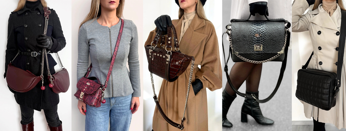 Handmade leather handbags worn on the body, featuring unique sculptural designs, premium leather textures, chain straps, and crossbody styles, showcasing wearable art bags in everyday fashion looks
