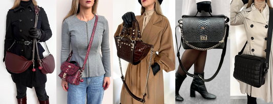 Handmade leather handbags worn on the body, featuring unique sculptural designs, premium leather textures, chain straps, and crossbody styles, showcasing wearable art bags in everyday fashion looks