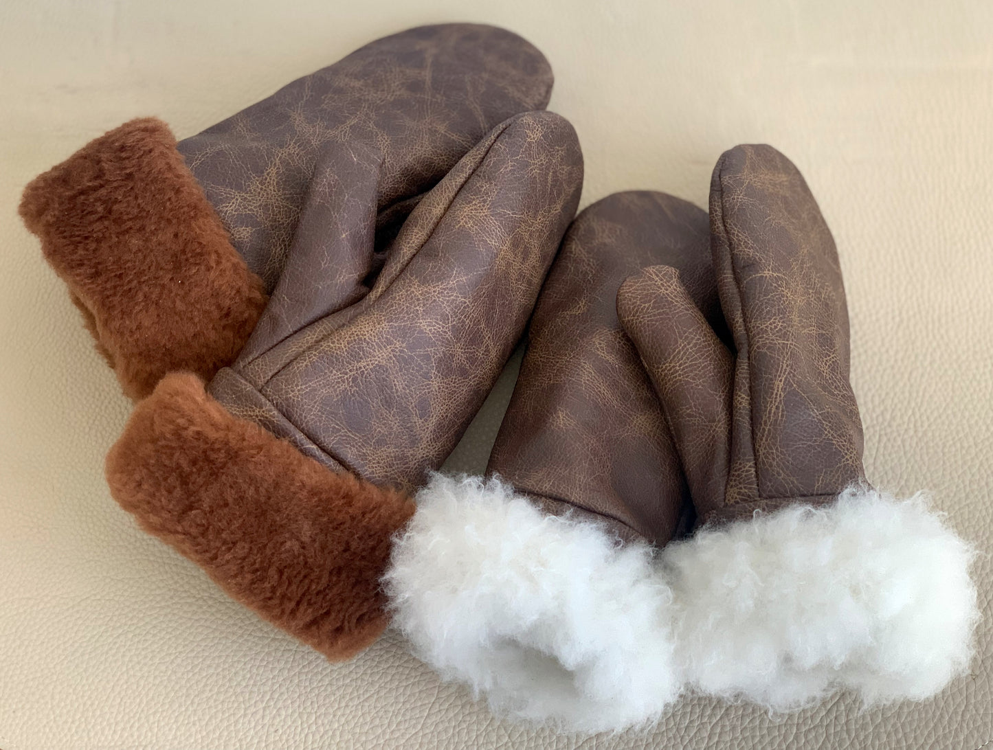 Padded leather gloves (mittens) , size L-XL (Color: MARBLE BROWN)
