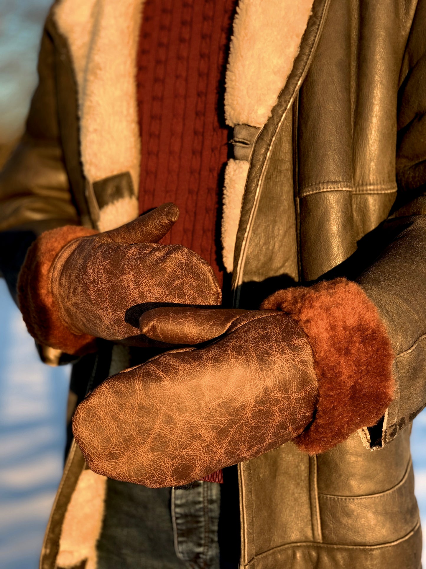 Padded leather gloves (mittens) , size L-XL (Color: MARBLE BROWN)